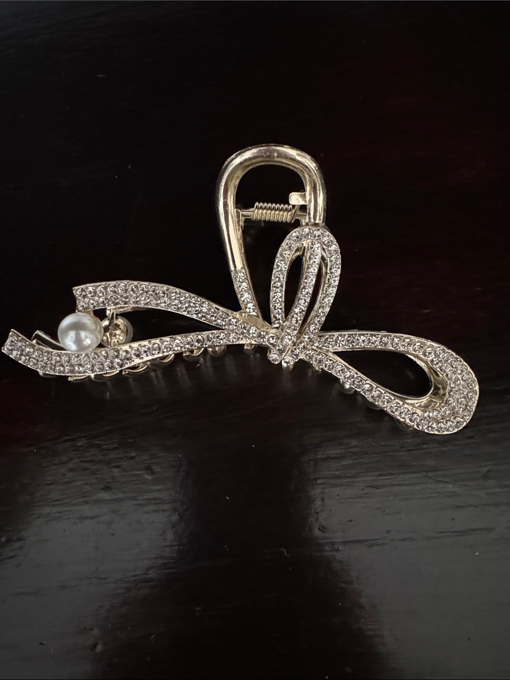 Gold Crystal Bow Hair Clip with Pearl Accent